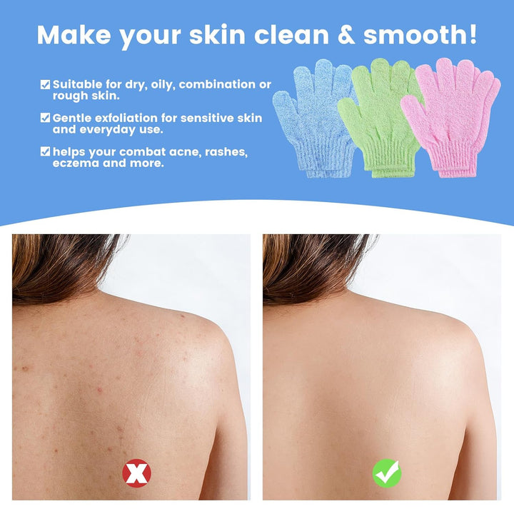 Exfoliating Gloves | Bamboo Shower Gloves | 6Pcs Bath and Body Exfoliator Mitts | Scrubs Away Ingrown Hair and Dead Skin for Shower, Spa, Massage and Dead Skin Cell Remover Loofah - Green,Blue,Pink