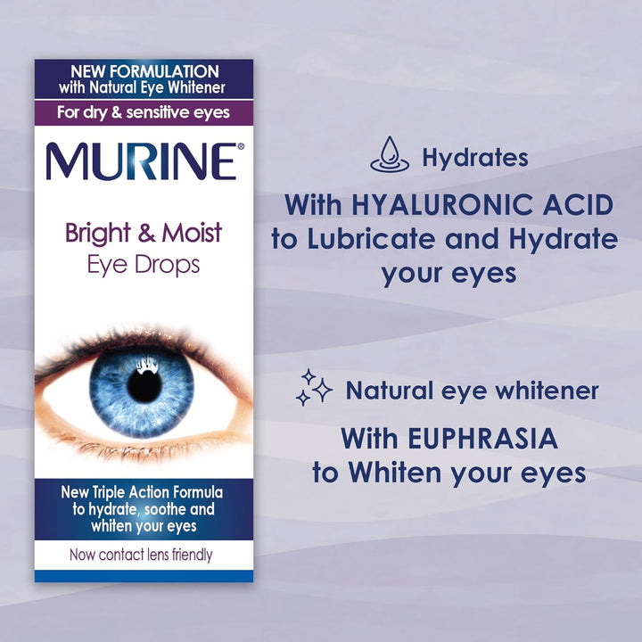 Bright & Moist Eye Drops to Whiten Eyes as Well as Hydrating and Soothing Dry and Sensitive Eyes, 15Ml