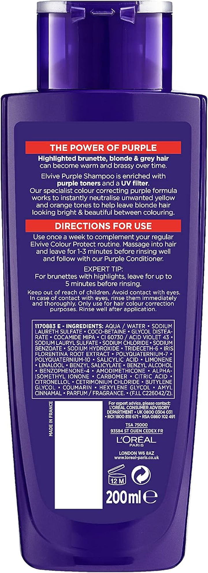 L'Oreal Paris Elvive Colour Protect Anti-Brassiness Purple Shampoo, 200Ml