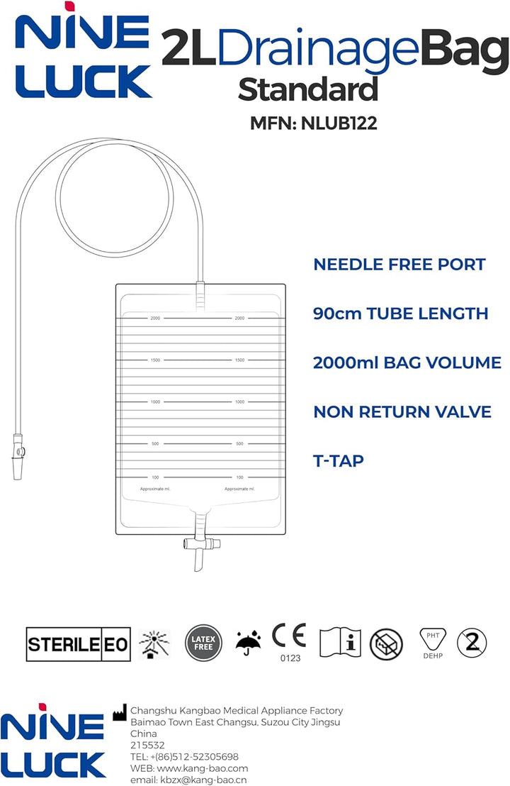 1Pc Urine Drainage Bag 2000Ml Capacity – STERILE Overnight Urine Bags with Lever Tap Valve and 90Cm Tube - Drainable Urinary Bags - Non-Latex Bedside Urinary Night Bags