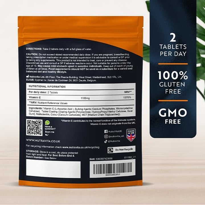 Vitamin C Tablets 1100Mg – 180 Premium Vegan and Vegetarian Tablets – 3 Month Supply - High Strength Ascorbic Acid - Vitamin C for the Immune System - Letterbox Friendly - Made in the UK by