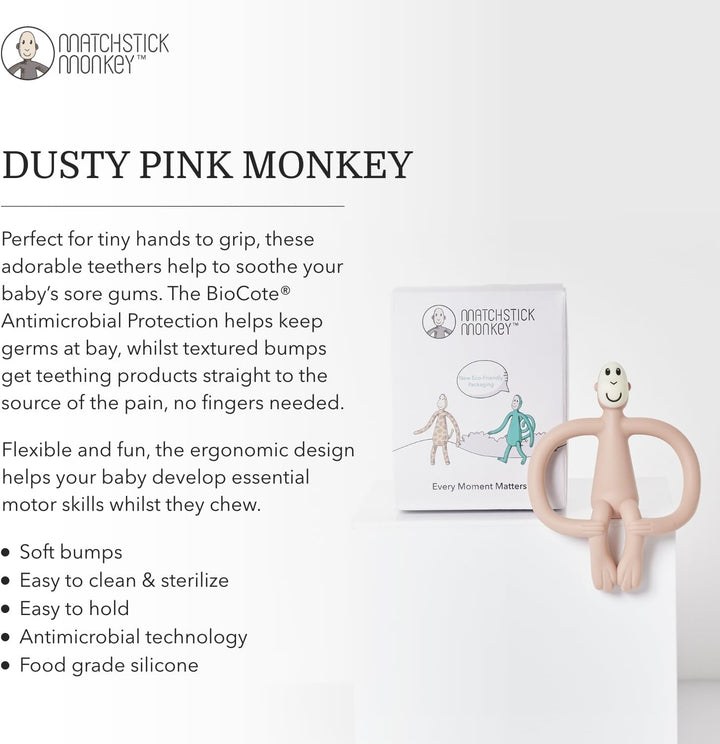 , Original Teether & Gel Applicator, Antimicrobial Silicone Teething Toys for Baby, Easy to Grip, BPA Free, 3 Months Old+, 10.5 Cm, Dusty Pink Monkey