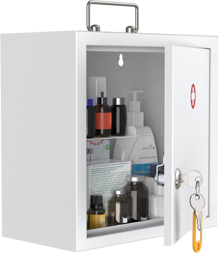 Wall Mount Medicine Cabinet with Combination Lock & Handle Locking First Aid Lockable Medical Safe Storage Box Medium Medicine Organizer Secure Steel Wall Cabinet Metal Storage Box