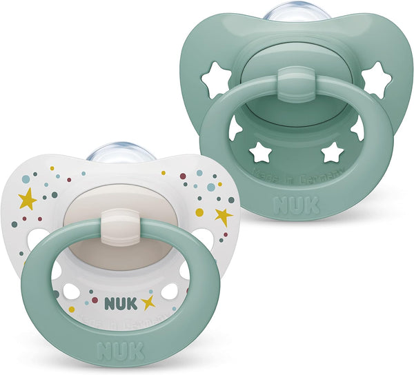 Signature Baby Dummy | 0-6 Months | Soothes 95% of Babies | Heart-Shaped Bpa-Free Silicone Soothers | Includes Case | Green Stars | 2 Count