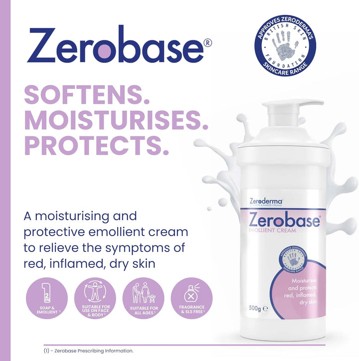 Zerobase Emollient Cream 2-In-1 Moisturiser & Soap Substitute, for Dry & Eczema-Prone Skin, Restores Skin Barrier, 21 Percent W/W Paraffins, 500G