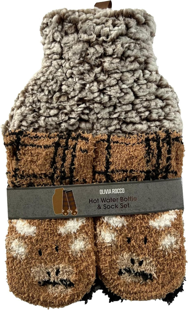 Hot Water Bottle & Socks Set Animal Design with Cover 1L Natural Rubber Thermotherapy Long Lasting Warm Winter Gift, Highland Cow