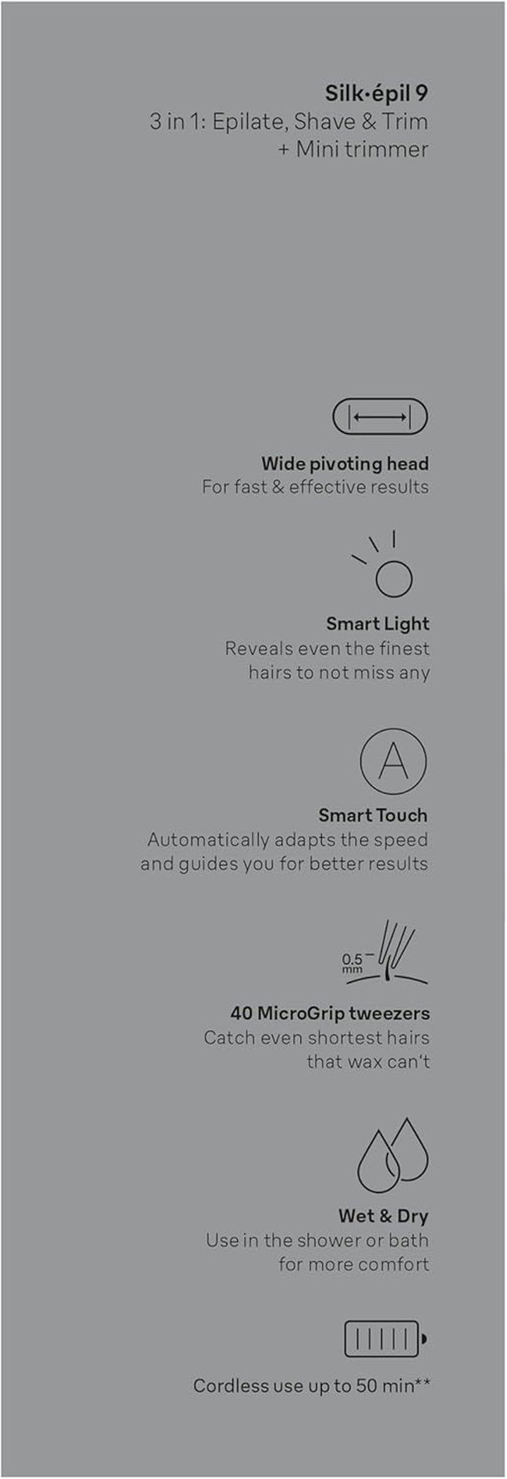 Silk-Épil 9, Epilator with Pivoting Head for Easy Hair Removal, Wet & Dry, Lasting Smooth Skin, with Lady Shaver Head & Trimmer Comb, 9-441, White/Silver with EU Plug