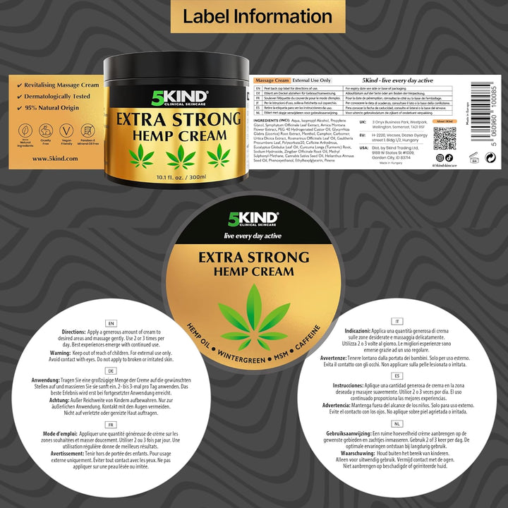 Extra Strong Hemp Cream 300Ml - High Strength Hemp Oil and Arnica Cream - for Massaging Joints & Muscles, Lower Back, Feet, Knees, Neck & Shoulders - Rich in Natural Extracts