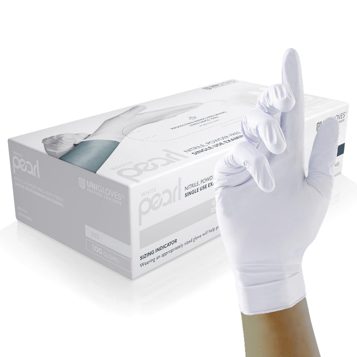 White Pearl Nitrile Examination Gloves - Multipurpose, Powder Free and Latex Free Disposable Gloves - Box of 100 Gloves, White, Medium (GP0023)