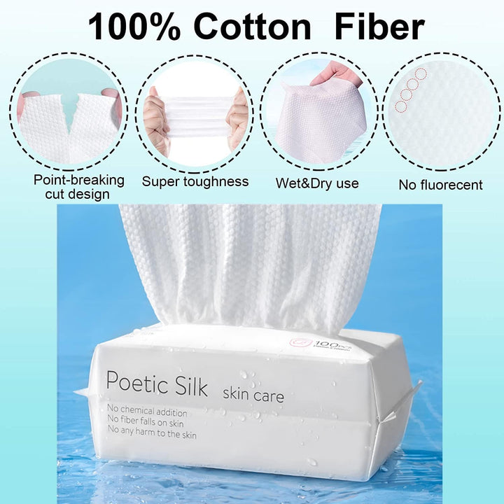 Disposable Face Towel, Facial Cotton Tissue for Sensitive Skin, Unscented and Ultra Soft Face Wipes, Cotton Dry Baby Wipes, Make-Up Remover Wipes (2 Pack=200Counts)