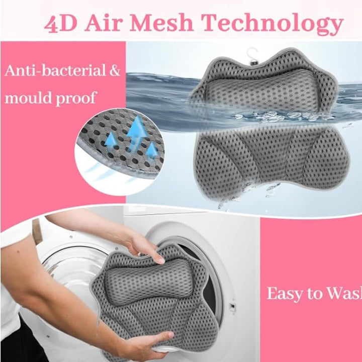 Bath Pillow 4D Luxury Bath Spa Pillow Neck and Back Support, Bathtub Headrest Cushion Pillow Non-Slip with Suction Cups (A)