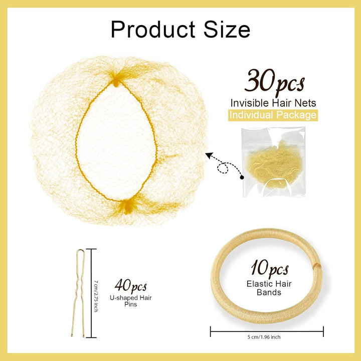 30Pcs Blonde Invisible Hair Nets with 40Pcs Hair Pins & 10Pcs Hair Bands,  Elastic Edge Mesh Hair Nets for Bun in Individual Package, Gold U Shape Bobby Pins for Ballet Dancers Nurse Women