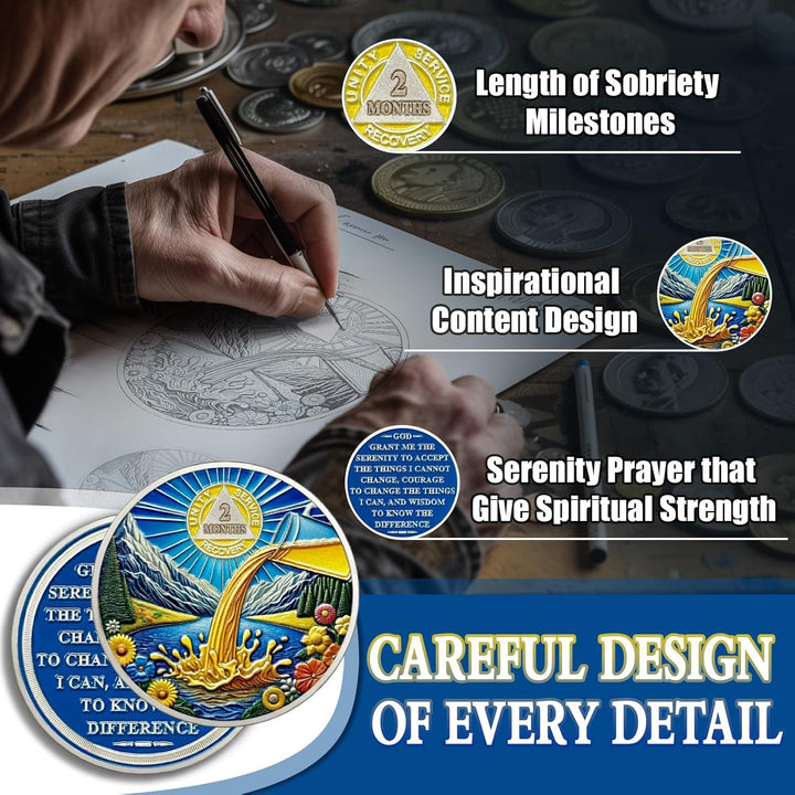 2 Months Sobriety Coin Farewell Alcohol Sobriety Chip Alcoholics Anonymous Medallion Sun Chips AA Chips and Medallion Serenity Prayer Coin Recovery Coins Anniversary Token Sober Gifts for Men Women