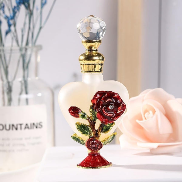 Decorative Refillable Empty Bottles,Metal Base Heart-Shaped Rose Essential Oil Glass Bottle for Home Decor (Style 1)