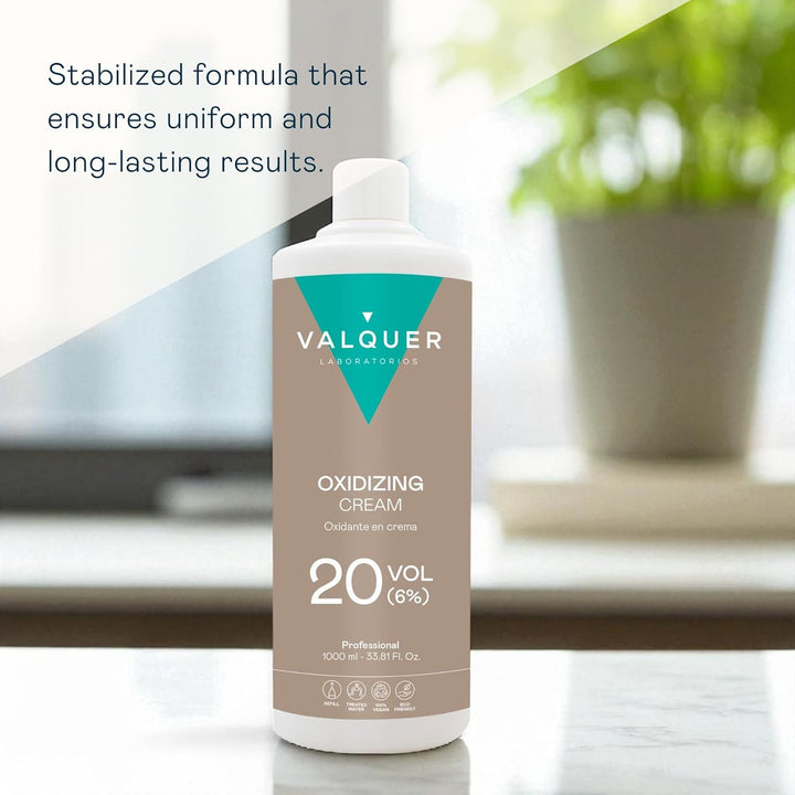 VALQUER Stabilized Hydrogen Peroxide Cream 20 Volume 6%, Oxidizer for Permanent Hair Coloring and Bleaching. Vegan Formulation with Natural Ingredients. Professional Use. 1L.