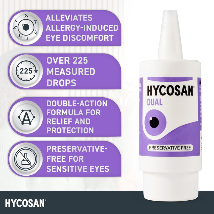 Dual - Double Action Eye Drops with Hyaluronic Acid and Ectoin for Soothing Relief of Itchy, Burning or Dry Eyes Due to Allergens - Preservative Free - 225 Measured Doses