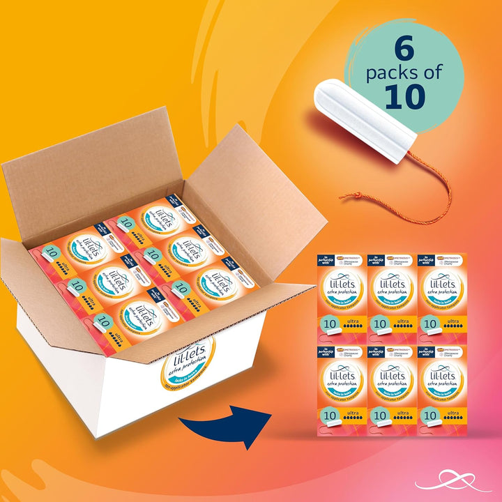 Non-Applicator Ultra Tampons X 60, (6 Packs of 10 Tampons), for Extremely Heavy Flow, 6 Droplets, Plant-Based, Smartfit Non-App Tampon