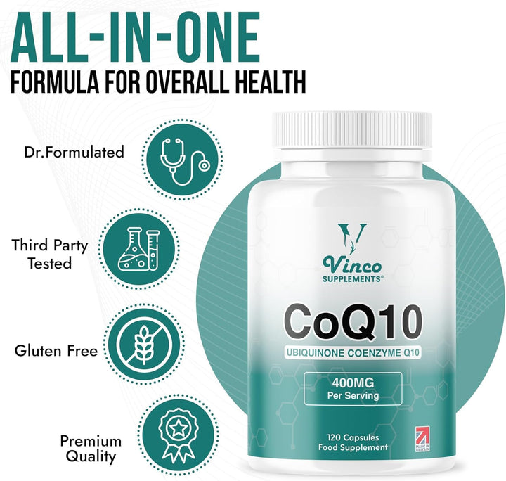 Vinco Coq10 400Mg - 120 High Strength Ubiquinone Coenzyme Q10 Capsules - Antioxidant for Heart & Cardio, Increased Energy & Focus - Naturally Fermented - Non-Gmo & Gluten Free - UK Made
