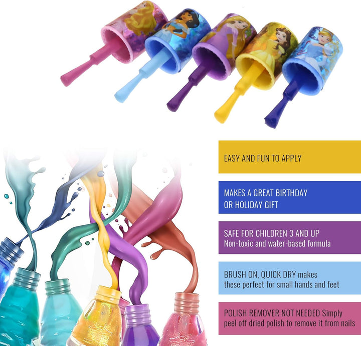 Disney Princess 15 Piece Water Based Nail Polish with 3 Toe Spacers| Quick Dry Peel off Gift Kit Set for Kids Girls Ages 3+ by