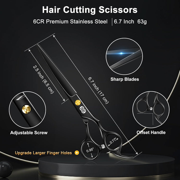 Hair Scissors Hairdressing Set, Professional Hair Cutting Scissors Barber Kit (6.7 Inch Hair Beard Hairdressers Trimming Barbering Thinning Shears) for Men Women Haircut Home Salon (Black)