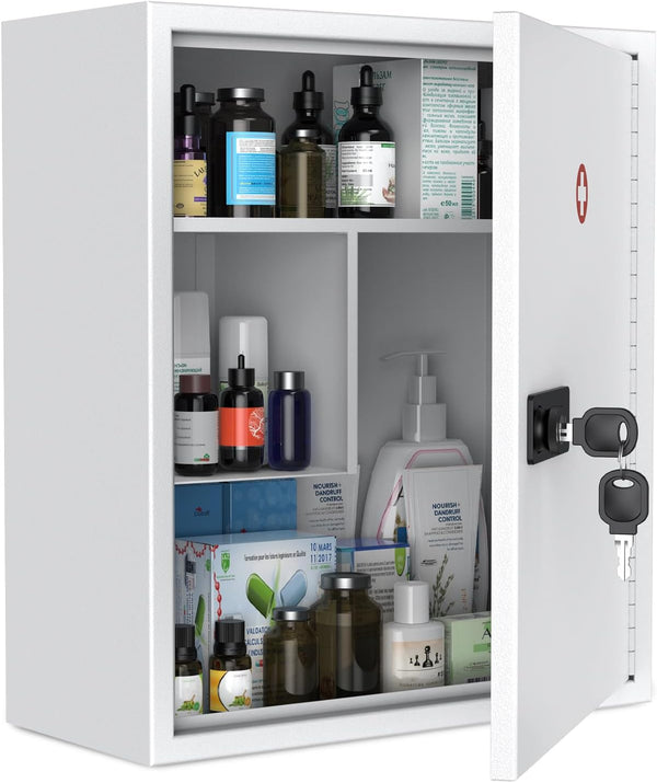 Wall Mount Medicine Cabinet with Combination & Key Lock Locking First Aid Cabinet Lockable Medical Large Capacity Medicine Organizer Secure Steel Wall Metal Storage Box, White