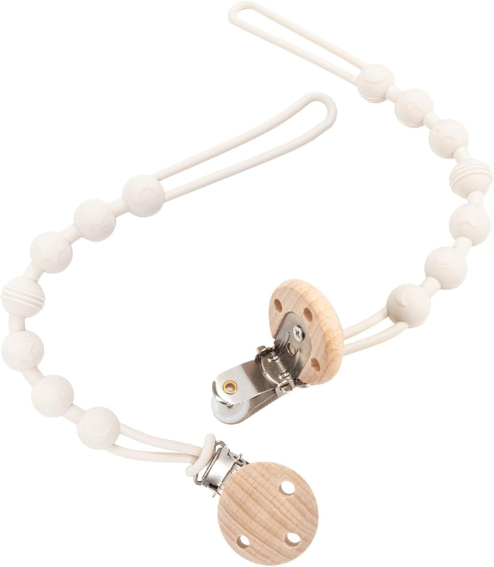 Dummy Clip, 2 Pack Silicone Dummy Clips with Wooden Design Pacifier Holder Clip, Soft Flexible Pacifier Clips for Boys and Girls (White)