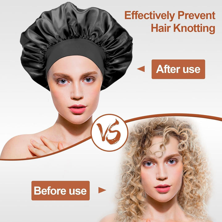 Silk Bonnet, Bonnets for Women, Satin Bonnet Hair for Sleeping, Silk Sleep Cap for Curly Hair Women, Soft and Comfortable for Night Sleep Curly Hair Protection (Black)