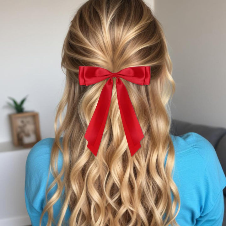 2 Pcs Red Hair Bow, Satin Bows Red Hair Ties, Large Double Satin Ribbon Hair Clips Red Accessories for Holiday Party Women Girls Ponytail Holder