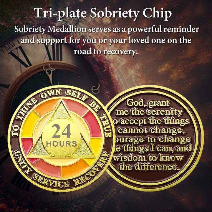 24 Hour Sobriety Chips, Tri-Plate 24Hr Sobriety Coin - One Day AA Medallion Recovery Chips Sober Coins for Narcotics Alcoholics Anonymous Recovery Sober Gifts for Men/Women
