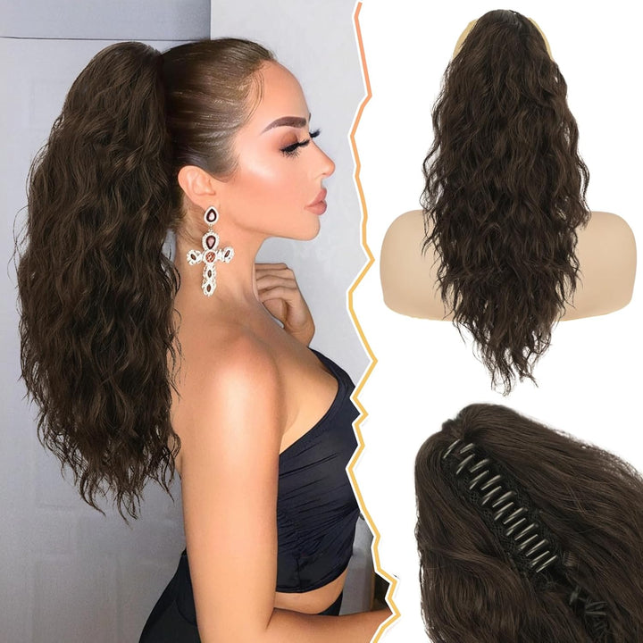 Ponytail Extension, Black Hair Claw Clip in Extensions Long Curly Wavy Hairpieces Drawstring for Natural Soft Synthetic Daily Use Party (18'', Black), 18 Inch