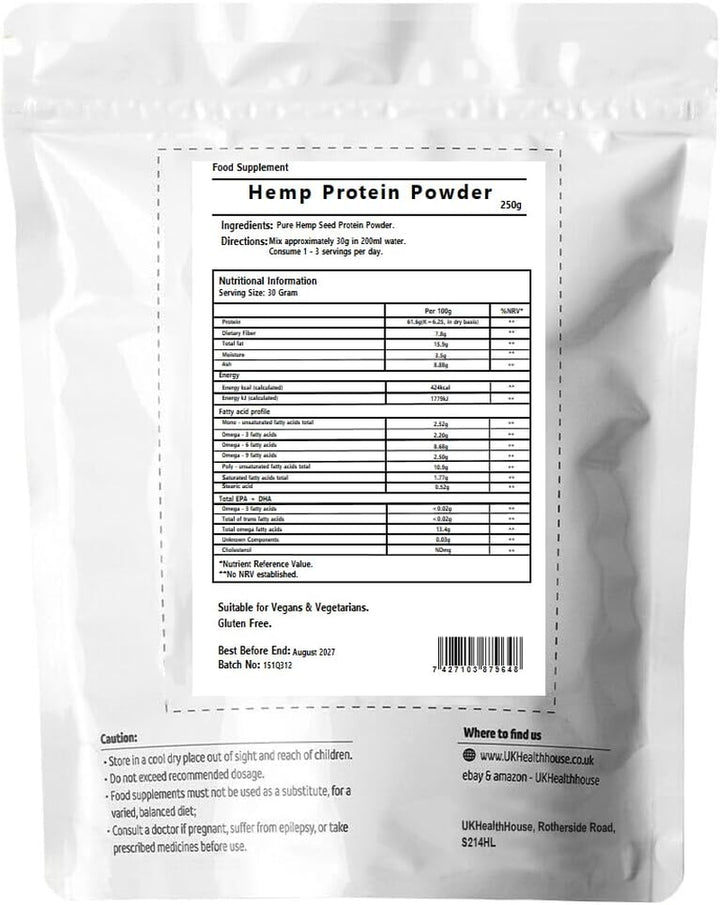 100% Pure Hemp Protein Powder X 250G - Huge 61.6% Protein - Certified UK Health House Supplements