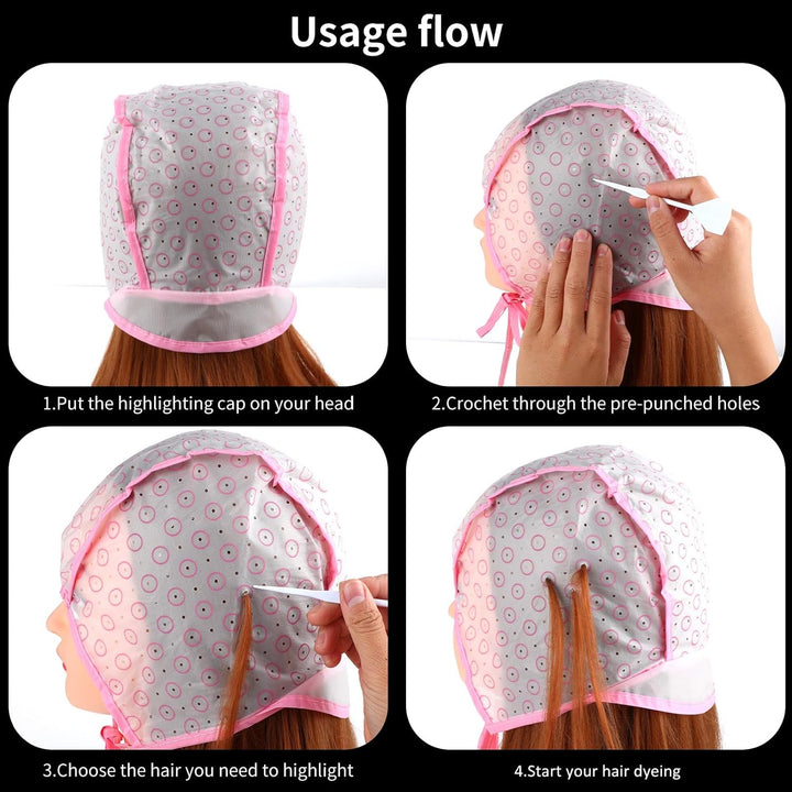 4Pcs Highlighting Cap and Hook Kit,Highlight Cap with Holes for Salon Hair Dyeing Hairdressing and Diy Dyeing Hair