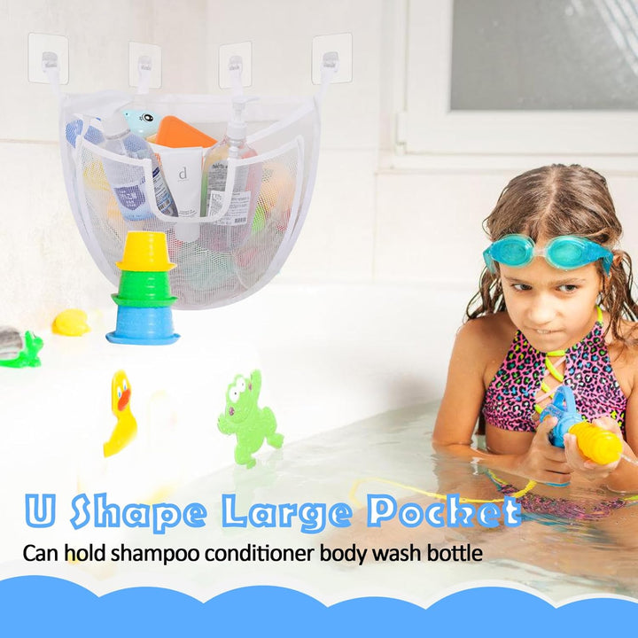 Bath Storage, Large Capacity Holder with Bottom Zipper, Quick Release Bathtub Organizer with Large Pocket, Corner Mesh Basket Bin for Bathroom Toys - White