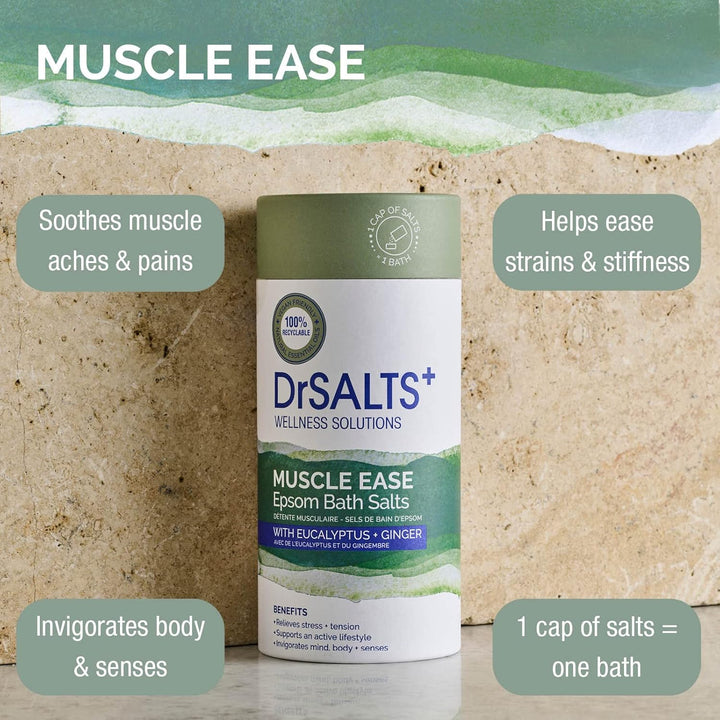 Drsalts+ Muscle Ease Therapy Epsom Salts - Soothing Epsom Bath Salts to Relieve Strains, Pain & Stiffness with Eucalyptus & Ginger Essential Oils - Vegan & Cruelty-Free, 2Kg