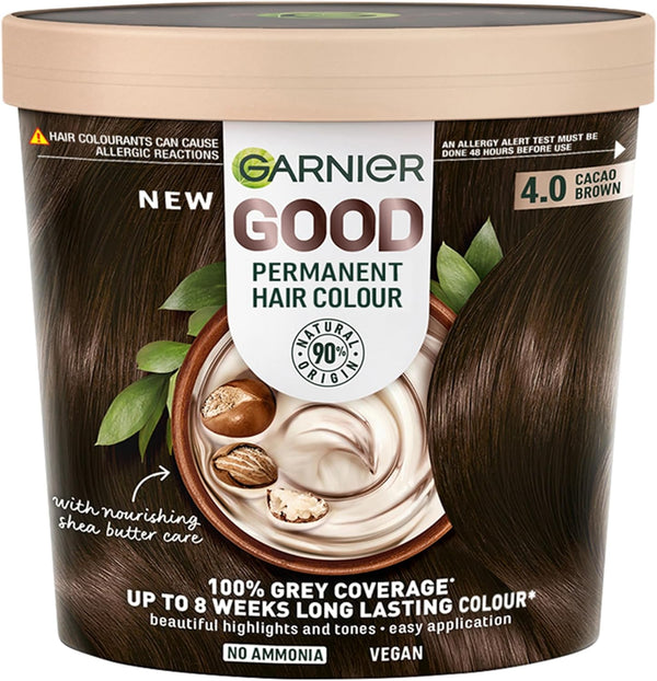 GOOD Permanent Hair Dye, 4.0 Cacao Brown. Achieve 100% Grey Coverage and 8-Week Colour. No Ammonia, Vegan Shea Butter Formula Offers Rich, Natural Tones for All Hair Types.