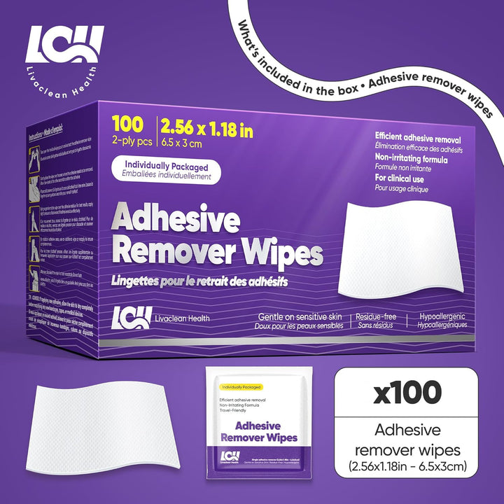 Adhesive Remover Wipes for Skin 100 CT – Medical Adhesive Remover for Tape, Plaster & Sticky Residue – Individually Wrapped, Non-Greasy 2-Ply 2.56X1.18In (6.5X3Cm) Skin Wipes