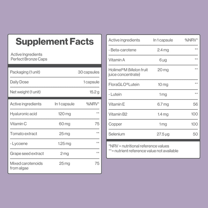 Self Tanning Capsules - Beta Carotene, Hyaluronic Acid, Lycopene, Copper, Selenium, and Vitamins - Perfect Bronze Caps, 30-Day Supply by