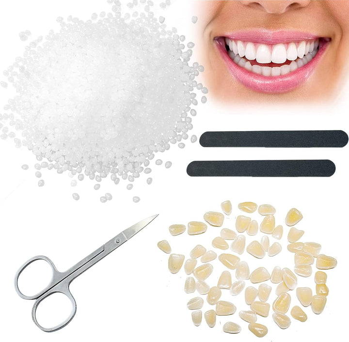 Temporary Tooth Repair Kit Fix Broken Teeth Dental Repair Kit Tooth Filling Replacement False Teeth Adhesive Thermal Fitting Beads with Black Files and Small Scissor for Missing Cracked Chipped Tooth