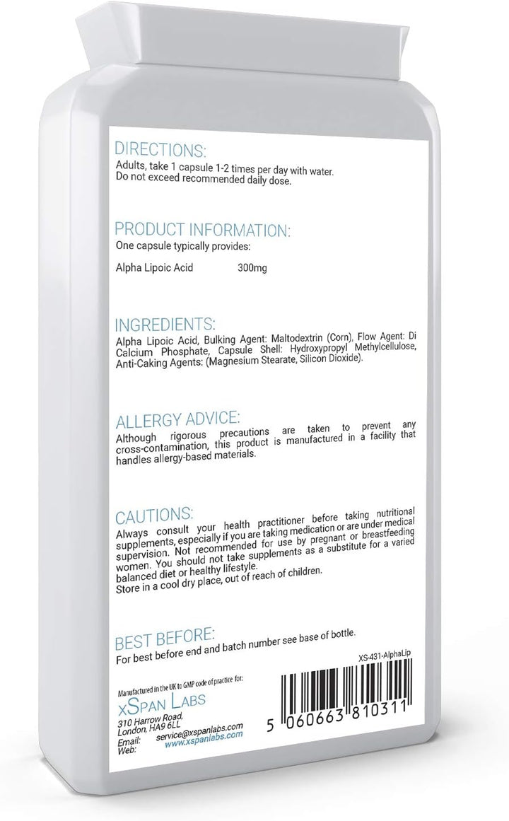 Alpha Lipoic Acid 300Mg 120 Capsules – Dual ALA (Both R-ALA and S-ALA) – a UK Manufactured Powerful Antioxidant