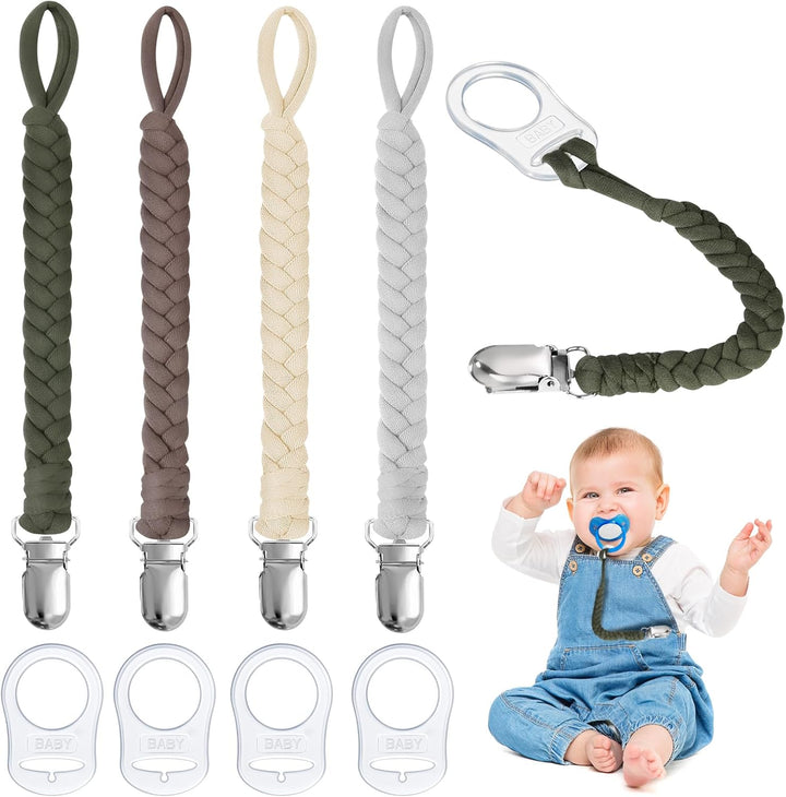 Dummy Clips Baby Pacifier Chain, 4 Pcs Baby Dummy Pacifier Chain with 4Pcs Clip Adapter, Silicone Ring Adapter, Soother Chain Holder Straps Teething Clips for Baby Teething Toys