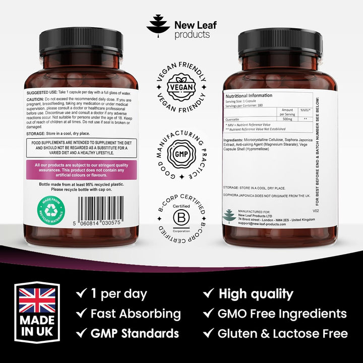 Quercetin 500Mg High Strength Antioxidant Supplements (6 Months Supply) 180 Vegan Pure Quercetin Capsules Easy to Swallow - One a Day - Gluten Free & Non-Gmo, Made in UK by New Leaf