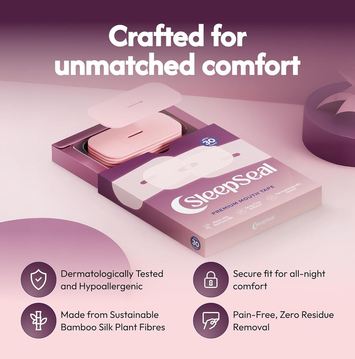 Sleepseal Mouth Tape for Sleeping - Made from Sustainable Bamboo Silk, Hypoallergenic & Dermatologically Tested Sleep Tape – Snoring Aid Solution, Improves Nasal Breathing – 30 Night Supply