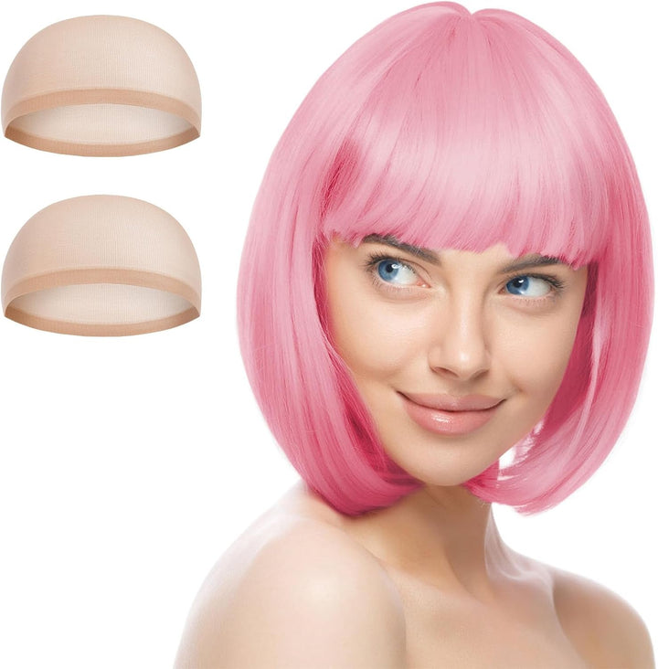 Pink/B Short Bob Wig for Women, 3 PCS, Synthetic Straight Wig, Heat Resistant, Modern Style, Perfect for Cosplay, Parties & Everyday Use