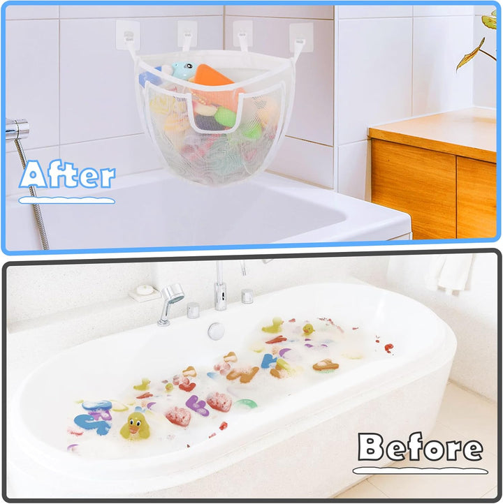 Bath Storage, Large Capacity Holder with Bottom Zipper, Quick Release Bathtub Organizer with Large Pocket, Corner Mesh Basket Bin for Bathroom Toys - White