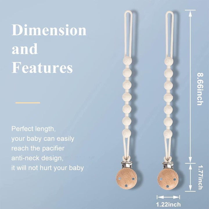 Dummy Clip, 2 Pack Silicone Dummy Clips with Wooden Design Pacifier Holder Clip, Soft Flexible Pacifier Clips for Boys and Girls (White)