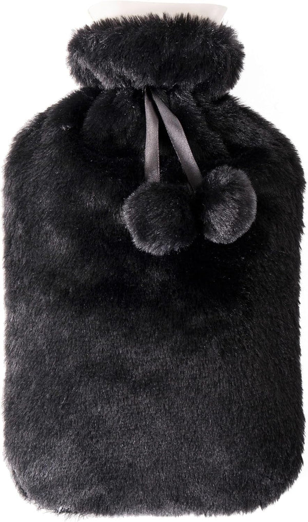 Large 2L Hot Water Bottle with Plush Cover & Bobble - Durable, Washable Heating Pad for Body Pain Relief & Cosy Nights - Perfect for Aches, Pains, and Thoughtful Gifts (Black Plush)