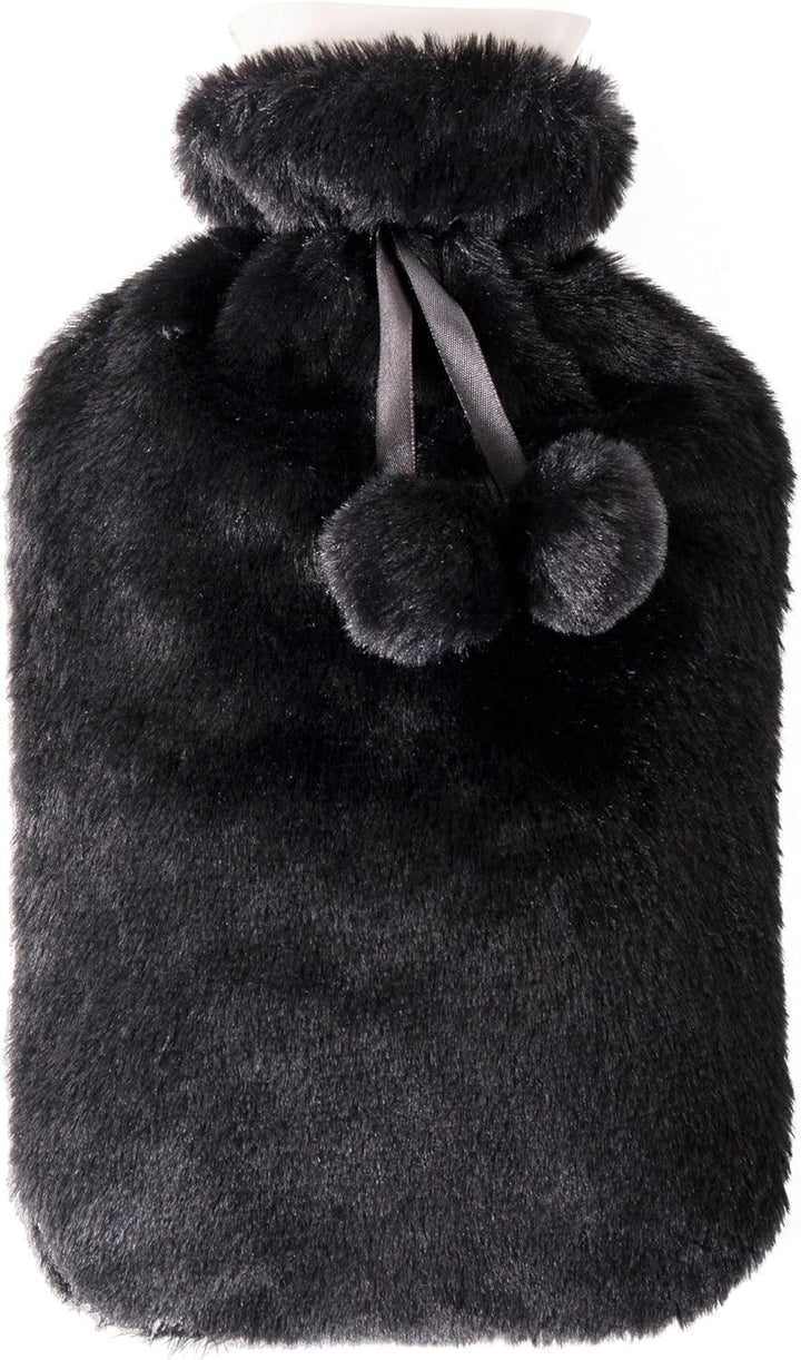 Large 2L Hot Water Bottle with Plush Cover & Bobble - Durable, Washable Heating Pad for Body Pain Relief & Cosy Nights - Perfect for Aches, Pains, and Thoughtful Gifts (Black Plush)