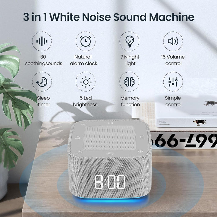 White Noise Machine, Sound Machine for Baby Adults, 32 Natural Sounds & 7 Colour Night Light & 6 Wake-Up Tones, Adjustable Volume, Timer, Sleep Aid for Baby Adults, Ideal for Sleep Relaxation Focus