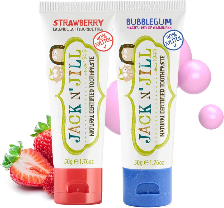 Jack N’ Jill Natural Certified Kids Toothpaste – Fluoride-Free Toddler & Baby Toothpaste with 40% Xylitol, No Sugar, Suitable from 6 Months+, Banana & Strawberry Flavour, Pack of 2 (50G Each)