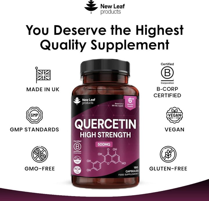 Quercetin 500Mg High Strength Antioxidant Supplements (6 Months Supply) 180 Vegan Pure Quercetin Capsules Easy to Swallow - One a Day - Gluten Free & Non-Gmo, Made in UK by New Leaf